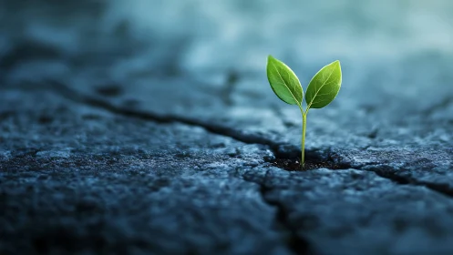 Macro closeup of green seedling emerging through cracked asphalt