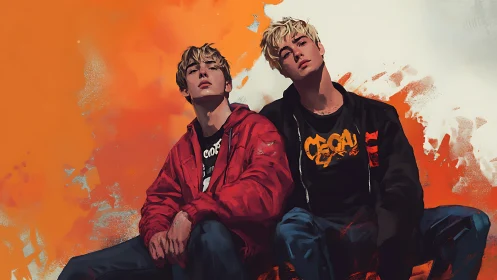 Twin rebels in neon dusk jackets against painted blaze.