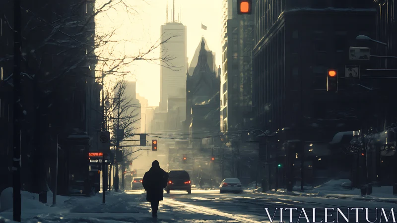 Winter urban street with silhouetted pedestrian and traffic.