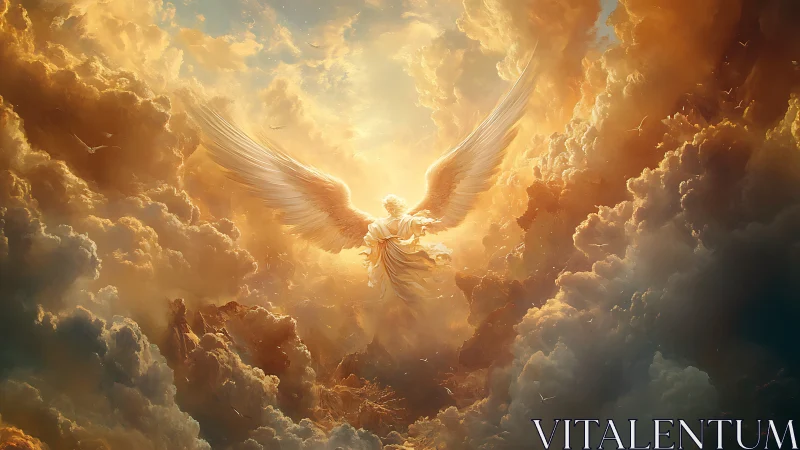 Radiant angel ascends through blazing golden storm clouds