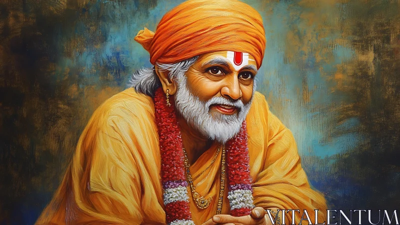 Devotional portrait of elderly Hindu guru in saffron robes