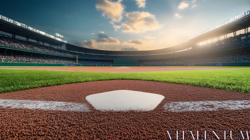 Baseball home plate viewed close-up inside crowded stadium