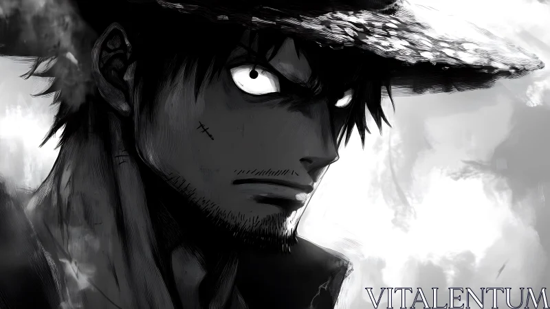 Monochrome close-up of shaded male anime figure in hat.