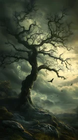 Stormlit crooked tree where twilight skies unravel.