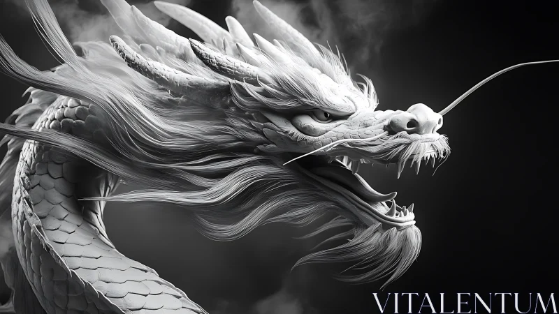 Coiled white dragon bust in dramatic monochrome render.