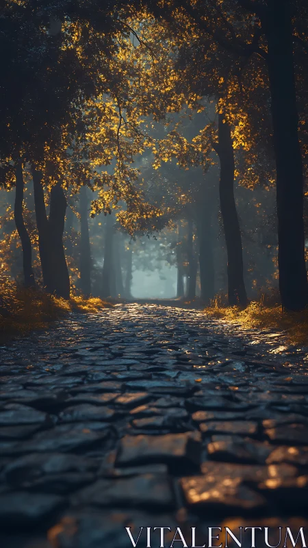 Tree-lined pathway with golden foliage and autumn light penetration