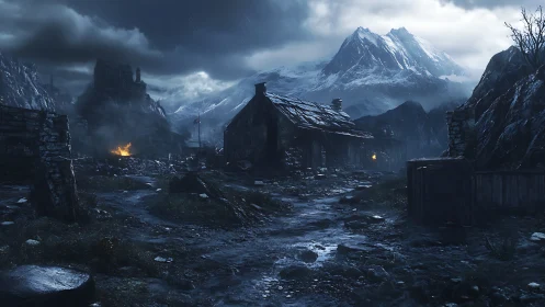 Rain-soaked mountain hamlet with dilapidated stone houses.