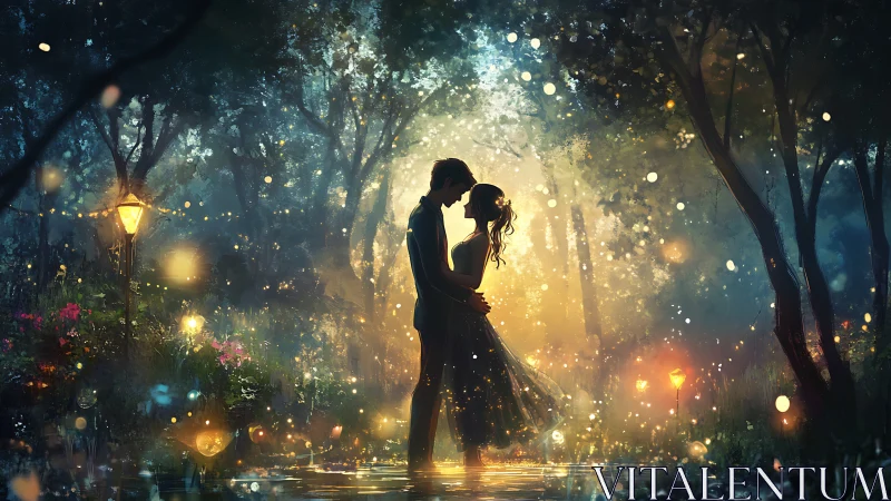 Silhouetted couple in luminous forest clearing with bokeh light particles.