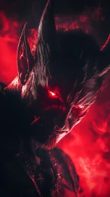 Crimson horned entity leans from firelit shadow and stares