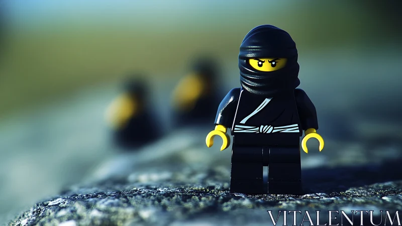Plastic ninja minifigure stands on textured outdoor surface