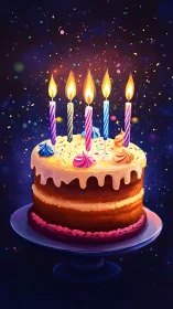 Celestial Birthday Cake with Glowing Candles Against Starfield.