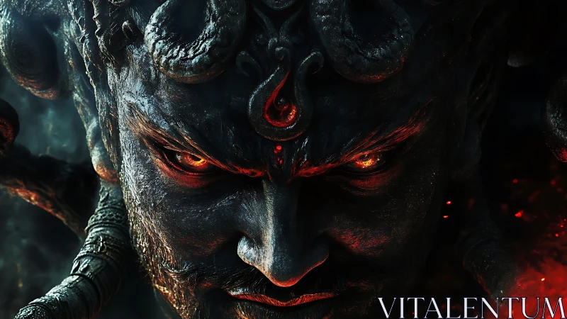 Close frontal view of horned demonic face with fiery eyes.
