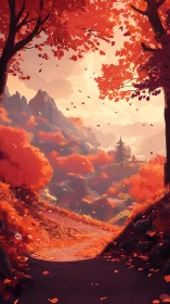 Autumn mountain path curves through glowing crimson forest.