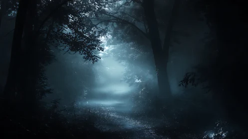 Moonlit forest path dissolves into a mysterious blue haze.