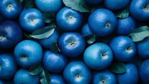 Monochrome cyan apples arranged in dense overhead composition
