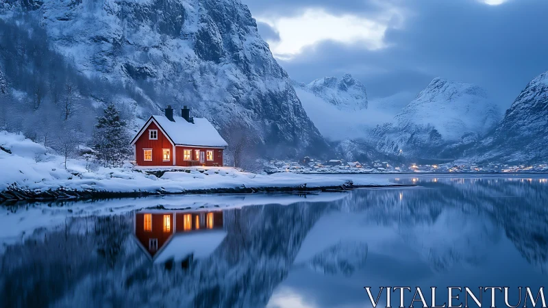 Red cabin by snowy fjord under overcast winter sky.