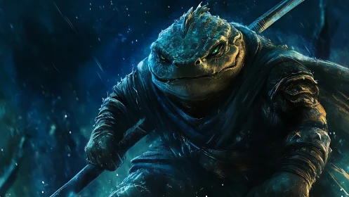 Stormborn Toad Warrior Stalking Through Neon Rainfall Night.