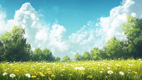 Wildflower meadow under cumulus clouds and blue sky.