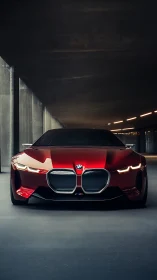 Red BMW sports coupe under tunnel in dramatic light.