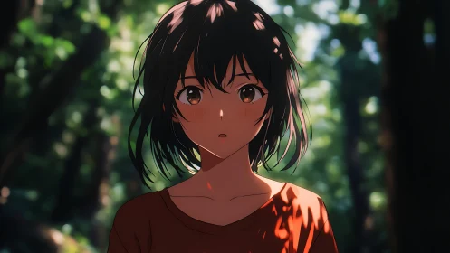 Anime girl stands in dappled forest light, calm gaze.
