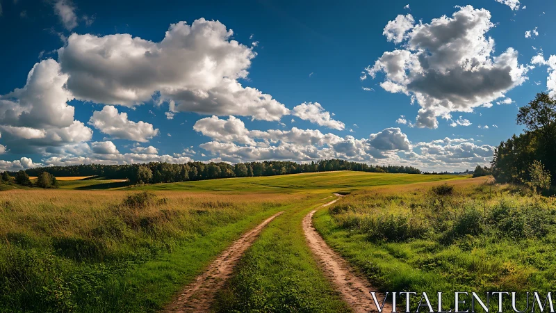 Sunlit country track wandering under roaming summer clouds.