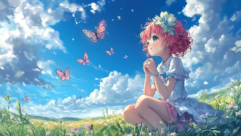 Anime girl in flower meadow watching pink butterflies, midday sky