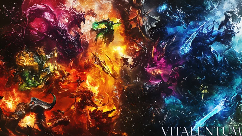 Elemental warriors clash in chromatic fantasy battle panorama.