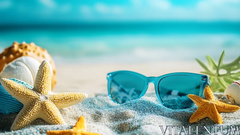 Starfish, seashells and blue shades in sunlit shore daydream.