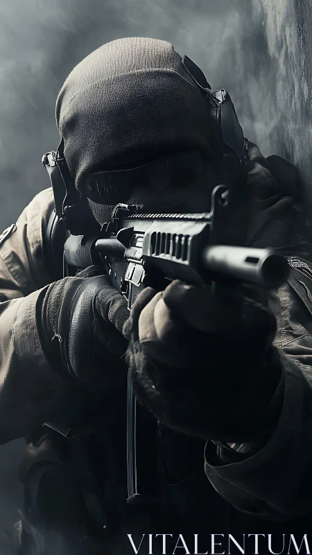 Tactical operator aims rifle through smoke-filled corridor