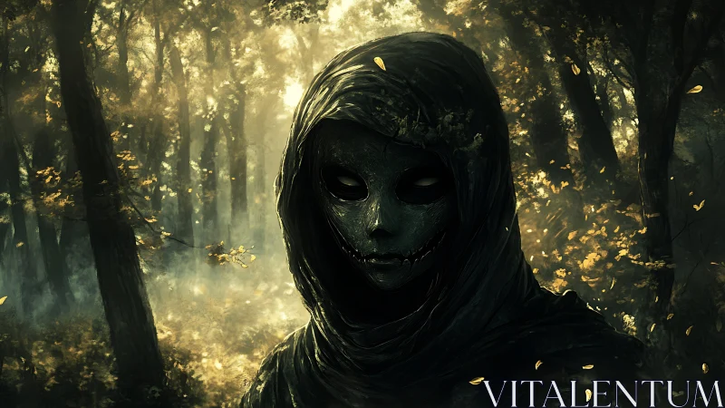 Hooded forest wraith watches from glowing autumn shadows