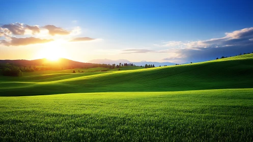 Sunlit green hills under clear blue sky at sunrise.