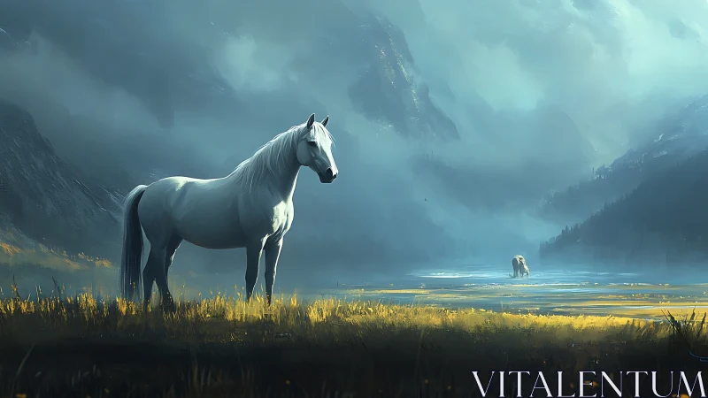 Silent silver stallion guarding a mist-swept mountain valley.