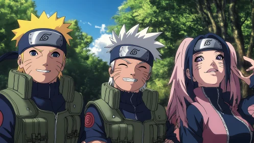 Anime ninja trio share a bright, hopeful moment in sunlight