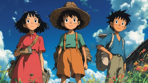 Three rural children in bright anime summer landscape scene