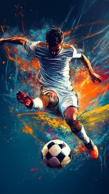 Color-splashed soccer strike frozen in explosive motion.