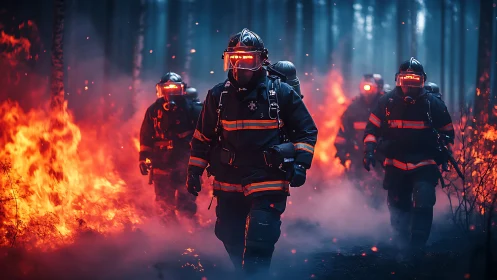 Firefighters advance through inferno with neon-lit tactical gear.