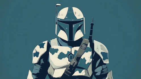 Armored sci fi warrior stands against muted teal background