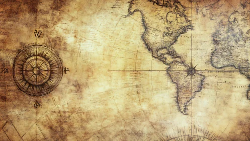 Antique world map and compass rose evoke old exploration.