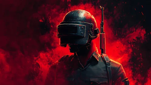Helmeted soldier silhouette stands before dense red smoke