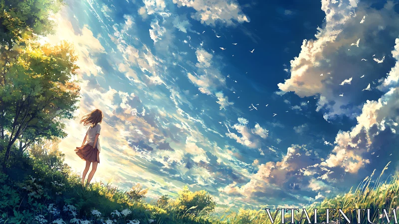 Skyward daydream girl beneath an ocean of drifting clouds.