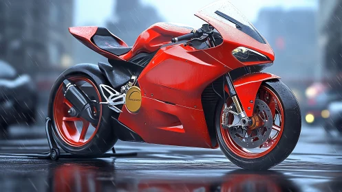 Futuristic red superbike glistens on a rainy city street.