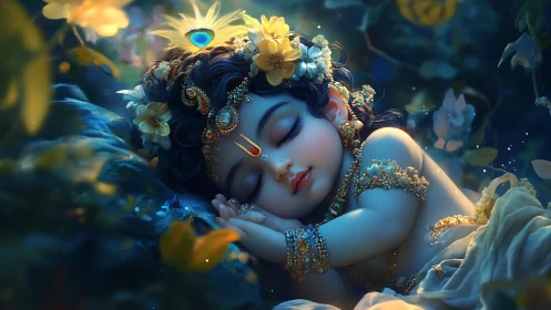 Dreaming baby deity resting in a jeweled moonlit garden.
