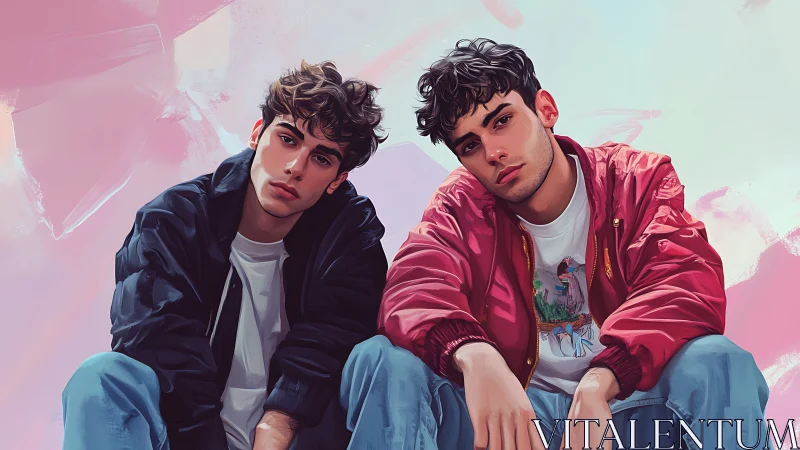 Twin moods in pastel streetwear against dreamy skies.