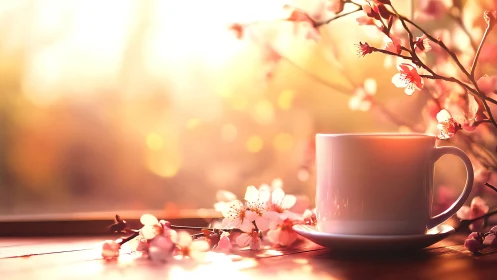White porcelain cup amid sunlit cherry blossoms on table