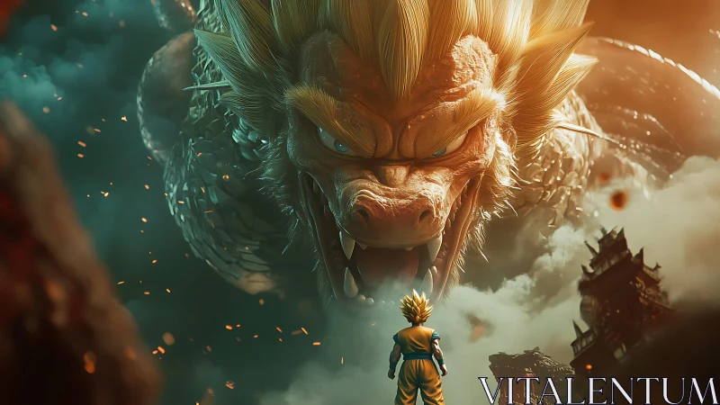 Cinematic dragon confrontation in dramatic fantasy lighting.