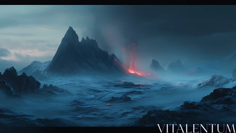 Fiery volcanic spire glows over a frozen twilight wasteland