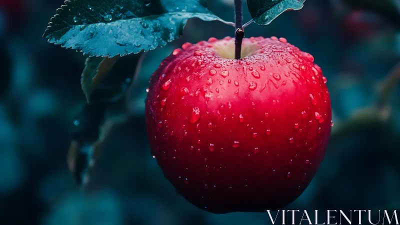 Red apple with water droplets hangs from branch in focus
