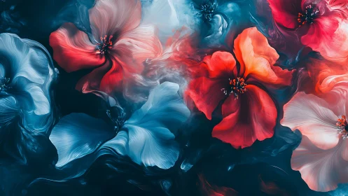 Digital rendering of stylized flowers with red and blue gradient color separation