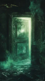 Rotting doorway opens into eerie green luminous void