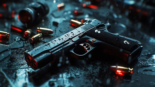 Wet tactical pistol on neon lit surface with scattered ammo.